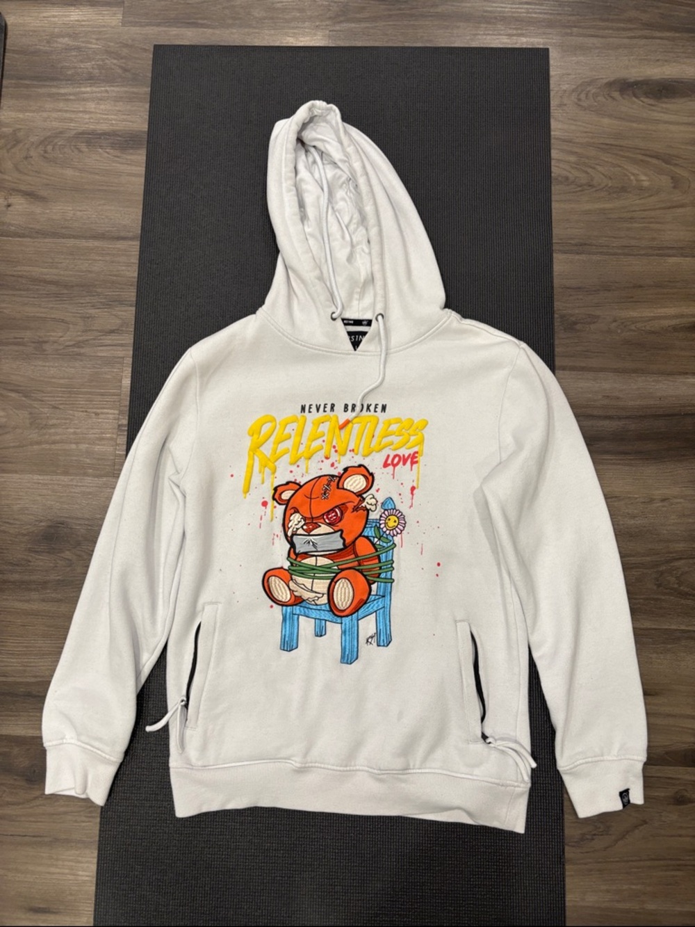 White Hoodie with Colorful 'Relentless Love' Teddy Graphic